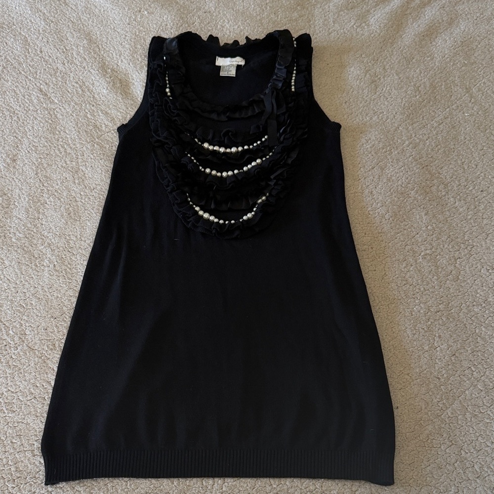 Spiegel Black Sleeveless Ruffle Pearl-Embellished Midi Dress Small